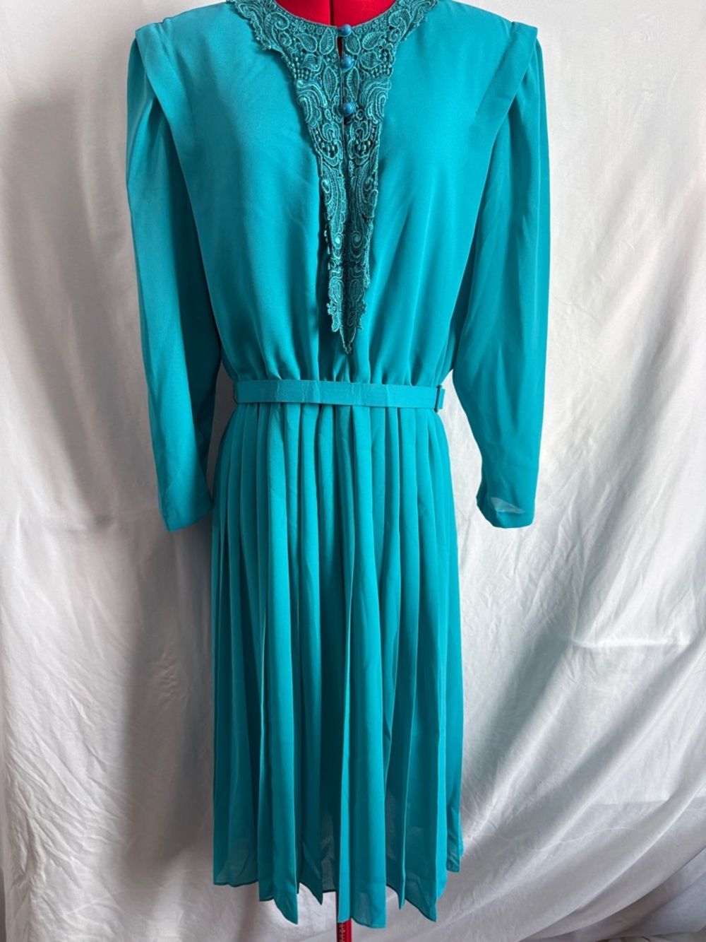 Vintage Teal Long-Sleeve Pleated Waist Dress